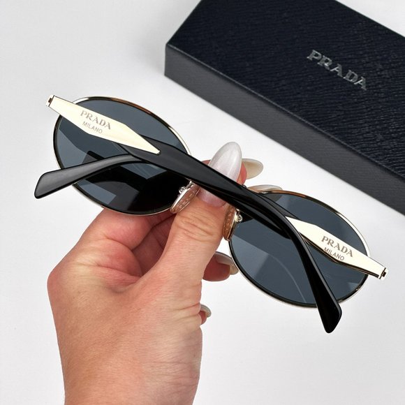 Prada PR65ZS ZVN09T Sunglasses Pale Gold Dark Grey Oval Metal Unisex - Picture 6 of 15